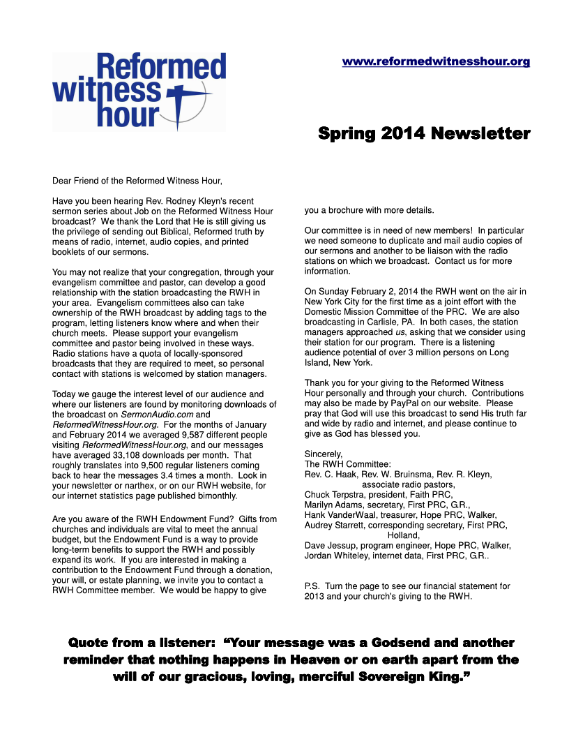 RWH Spring 2014 Newsletter Page 1
